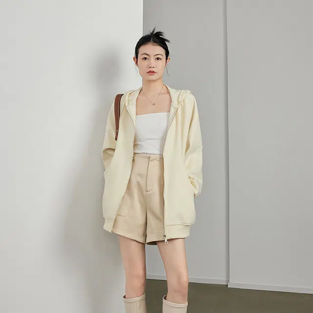 美洋 拼色连帽拉链加绒卫衣 女款 杏色