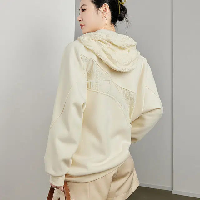 美洋 拼色连帽拉链加绒卫衣 女款 杏色