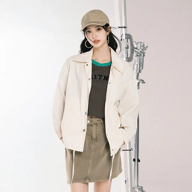 美洋 微皱肌理抽绳休闲长袖衬衫 女款 白色