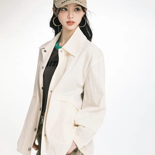 美洋 微皱肌理抽绳休闲长袖衬衫 女款 白色