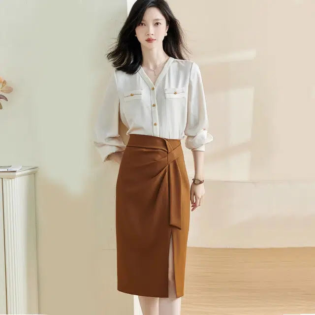 米思阳 休闲通勤纯色褶皱开叉休闲长裙 咖色