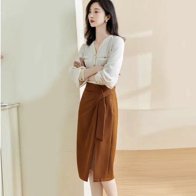 米思阳 休闲通勤纯色褶皱开叉休闲长裙 咖色