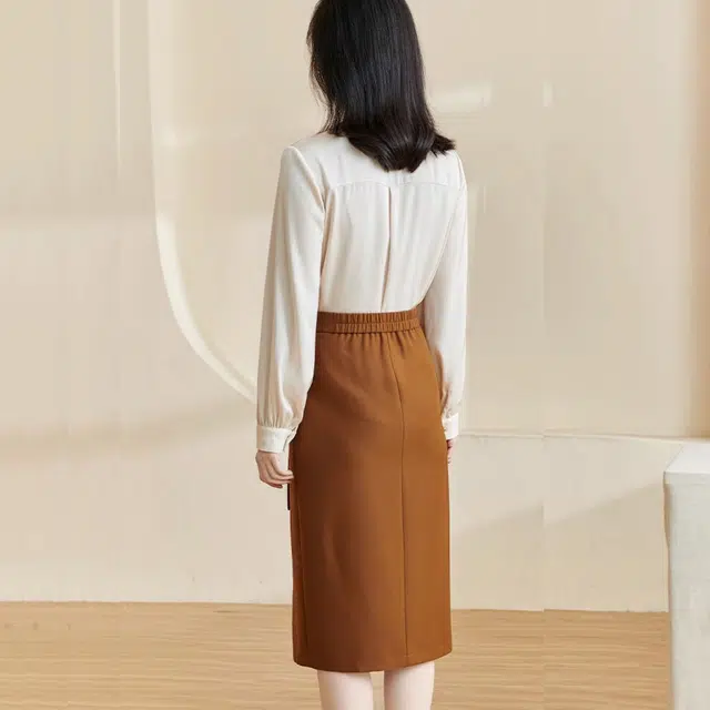 米思阳 休闲通勤纯色褶皱开叉休闲长裙 咖色