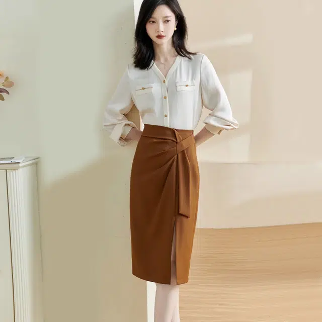 米思阳 休闲通勤纯色褶皱开叉休闲长裙 咖色