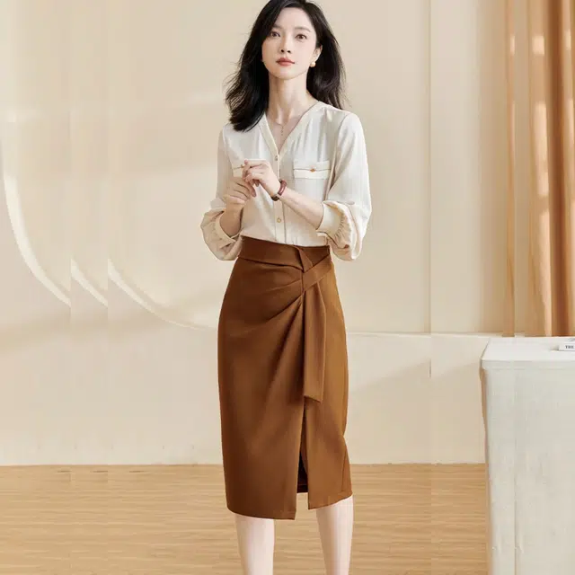 米思阳 休闲通勤纯色褶皱开叉休闲长裙 咖色