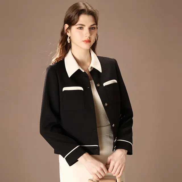 粉红玛琍 时尚撞色翻领单排扣短款长袖夹克外套 女款 黑色
