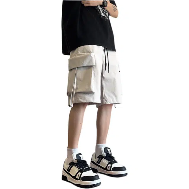 煦加 大口袋美式少年感纯色抽绳口袋装饰工装短裤 男款