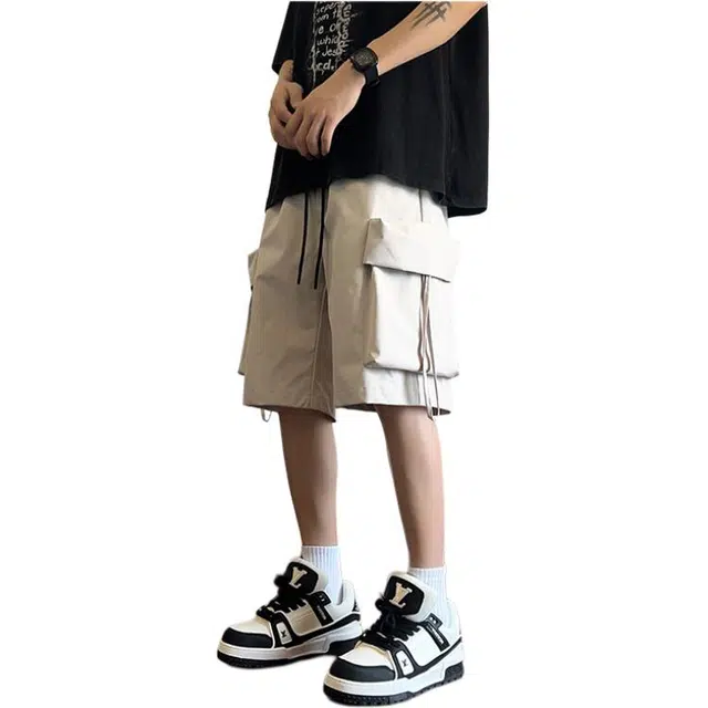 煦加 大口袋美式少年感纯色抽绳口袋装饰工装短裤 男款