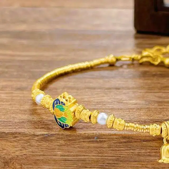 久爱 古法珐琅彩色蜻蜓莲花铃兰花珍珠点缀国潮金圈葫芦 足金 按克计价 黄金手链 女款 金色