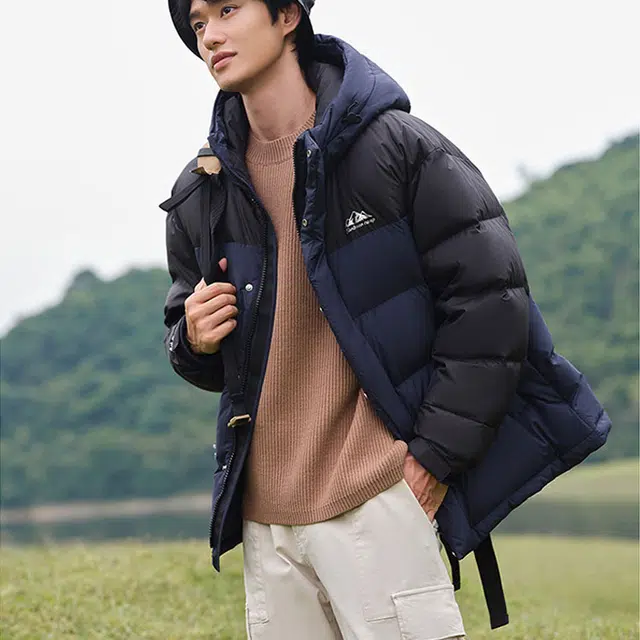 坦博尔 时尚休闲字母印花拼接连帽休闲保暖羽绒服 男款