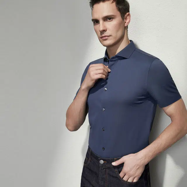 依文 时尚休闲简约百搭短袖衬衫 男款 蓝色