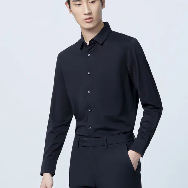 依文 百搭休闲时尚商务长袖衬衫 男款 藏蓝色