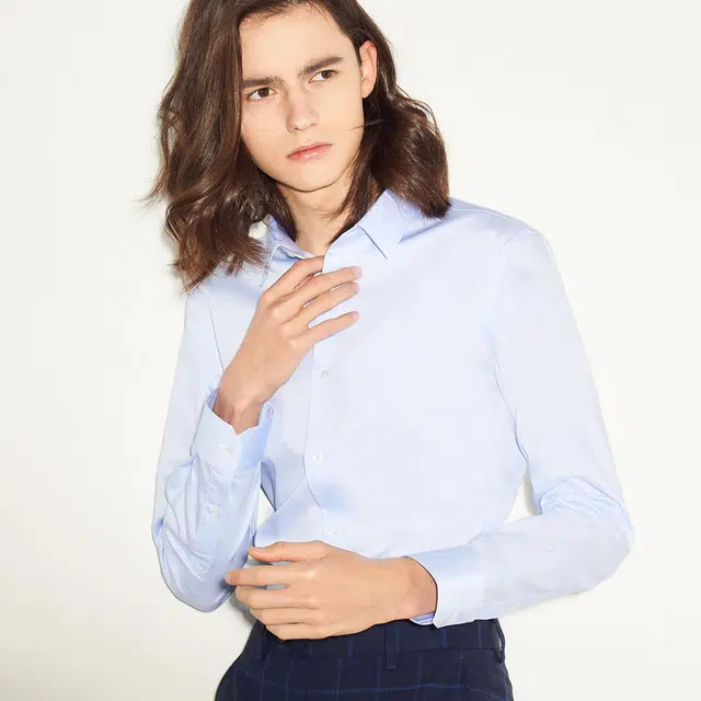 依文 时尚百搭休闲简约纯色长袖衬衫 男款 蓝色