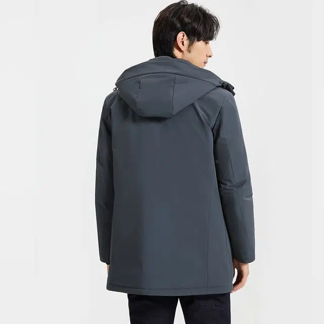 才子 纯色可脱卸帽领衬亲肤绒中长款羽绒服 男款