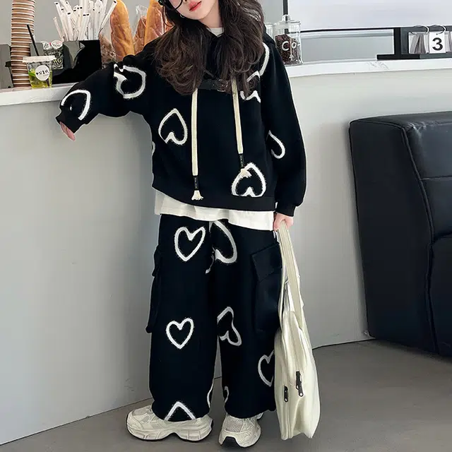 浪莎 时尚爱心图案连帽卫衣舒适柔软长裤休闲运动套装青少年