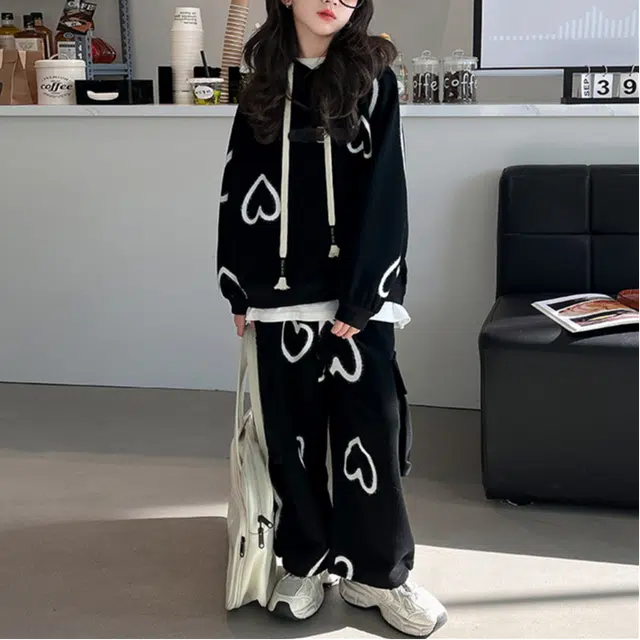 浪莎 时尚爱心图案连帽卫衣舒适柔软长裤休闲运动套装青少年