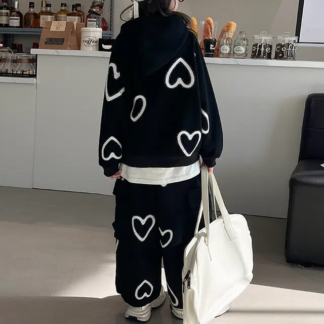 浪莎 时尚爱心图案连帽卫衣舒适柔软长裤休闲运动套装青少年