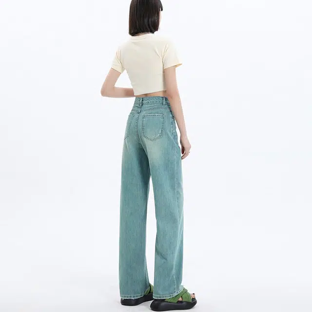 玫丝朵 美式破洞毛边设计高腰垂感阔腿牛仔裤 女款 翡翠绿
