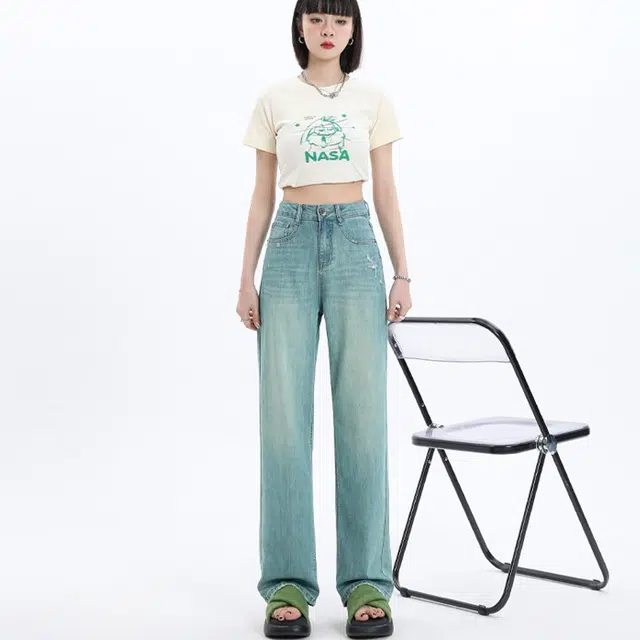 玫丝朵 美式破洞毛边设计高腰垂感阔腿牛仔裤 女款 翡翠绿