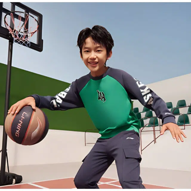 李宁儿童 篮球系列 字母印花拼接圆领长袖卫衣 儿童款 新薄荷绿