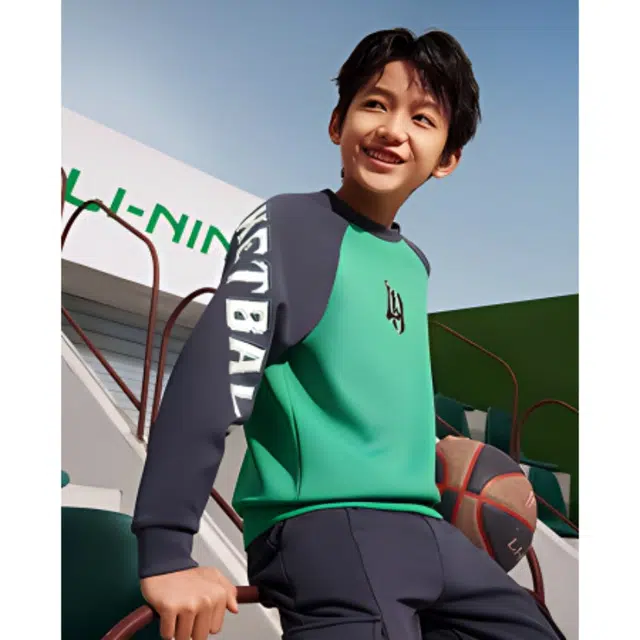 李宁儿童 篮球系列 字母印花拼接圆领长袖卫衣 儿童款 新薄荷绿
