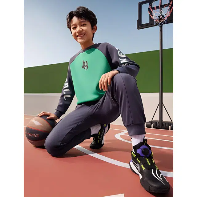 李宁儿童 篮球系列 字母印花拼接圆领长袖卫衣 儿童款 新薄荷绿