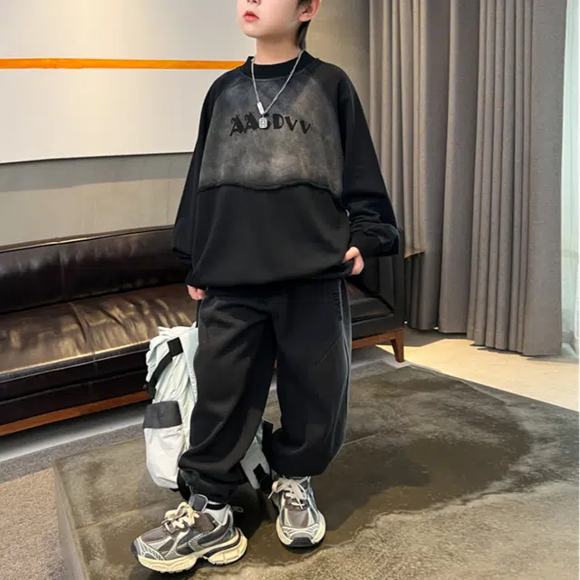 浪莎 圆领套头长袖卫衣舒适时尚柔软长裤休闲运动套装 黑色 青少年