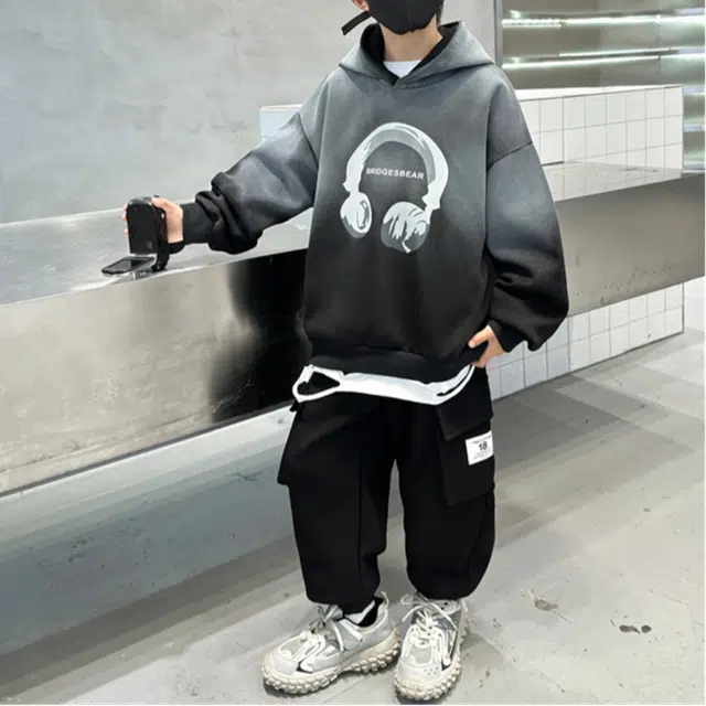 浪莎 套头连帽落肩卫衣舒适束脚时尚长裤休闲运动套装 青少年