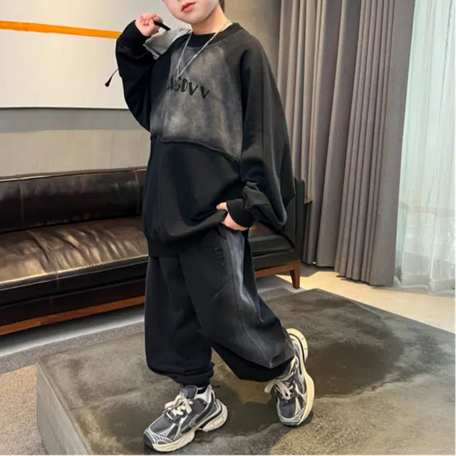 浪莎 圆领套头长袖卫衣舒适时尚柔软长裤休闲运动套装 黑色 青少年