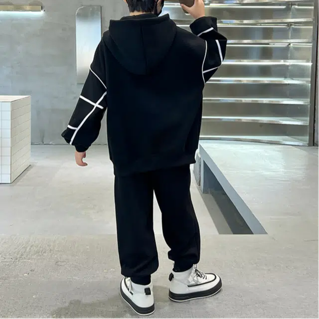 浪莎 连帽套头长袖卫衣舒适字母时尚长裤休闲运动套装 黑色 青少年