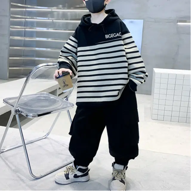 浪莎 连帽套头条纹卫衣束脚舒适时尚长裤休闲运动套装 青少年