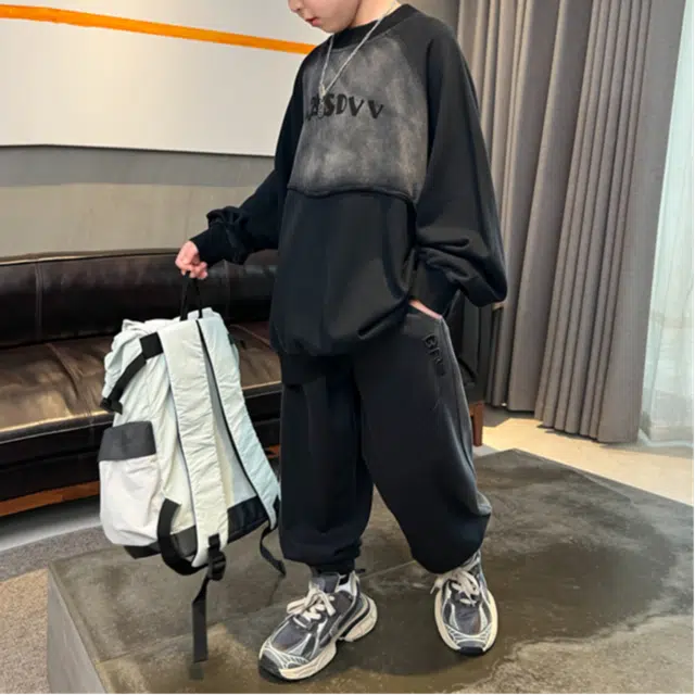 浪莎 圆领套头长袖卫衣舒适时尚柔软长裤休闲运动套装 黑色 青少年