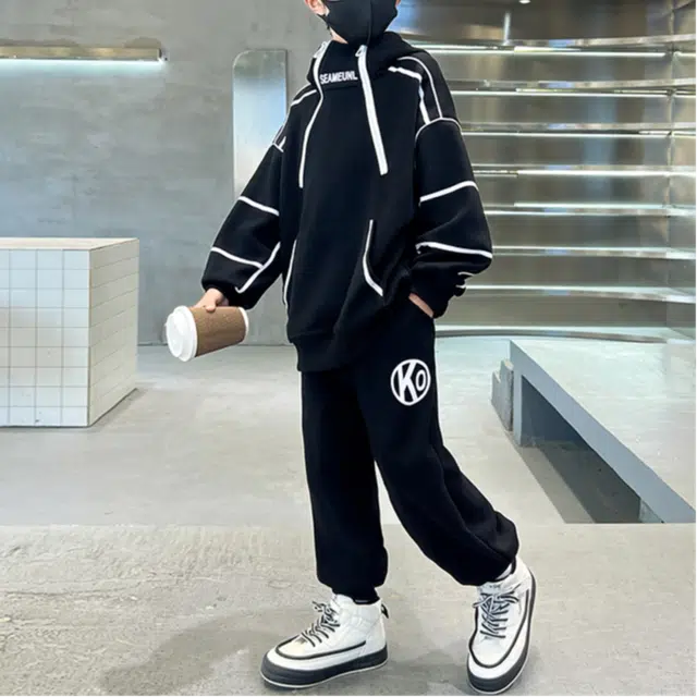 浪莎 连帽套头长袖卫衣舒适字母时尚长裤休闲运动套装 黑色 青少年