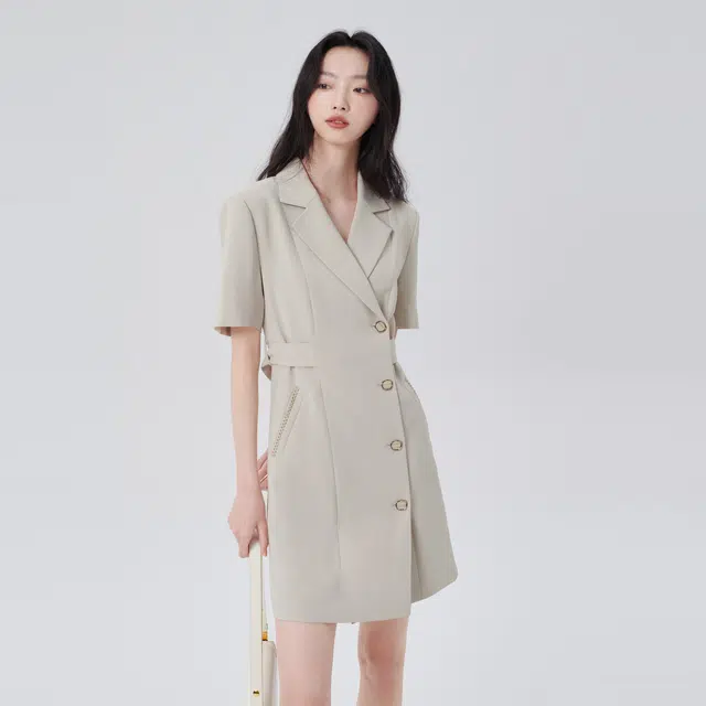 艾莱依 纯色西装领中长款短袖连衣裙 女款