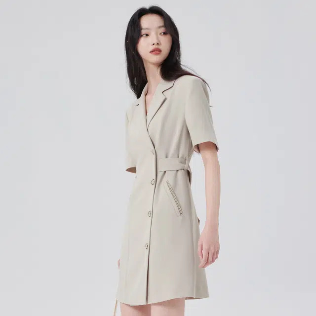 艾莱依 纯色西装领中长款短袖连衣裙 女款
