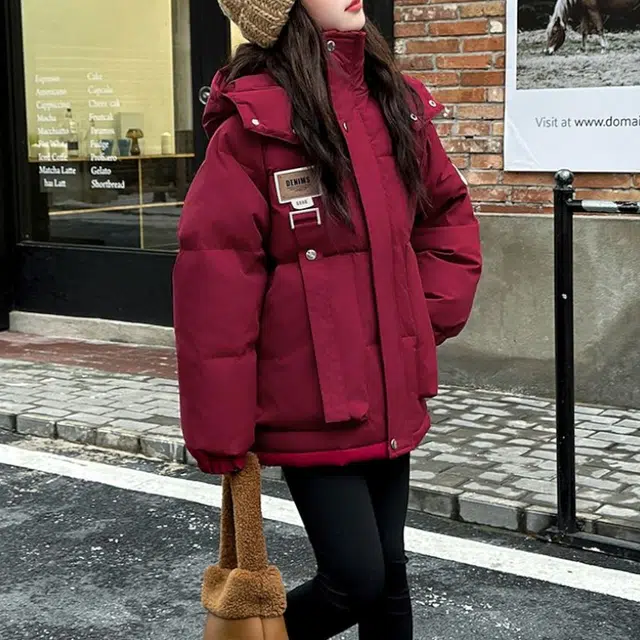 雅鹿棉衣 时尚百搭字母贴标拉链长袖 果酱红 青少年