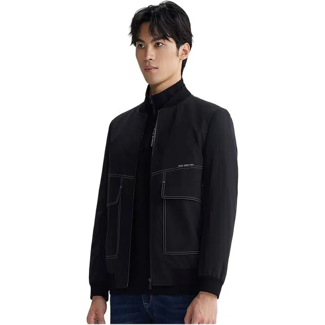 才子 个性线条棒球领休闲纯色羽绒服 男款 黑色