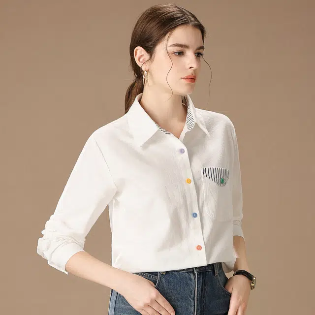 粉红玛琍 纯色时尚休闲翻领宽松简约舒适百搭长袖衬衫 女款 白色