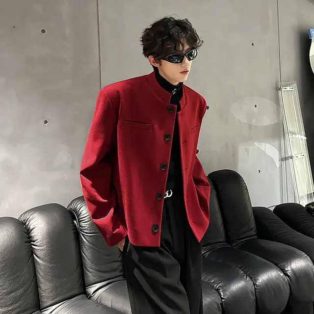 玉儿恋 复古美式立领短款简约休闲舒适老钱风韩式垫肩设计款高级感中山装夹克外套 男女同款