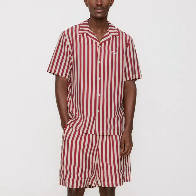KITH SS25 Striped Thompson Camp Collar Logo
