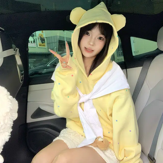 花蔓色 男女同款美式原创复古卡通可爱毛绒波点小熊元素连帽设计感上卫衣 女款
