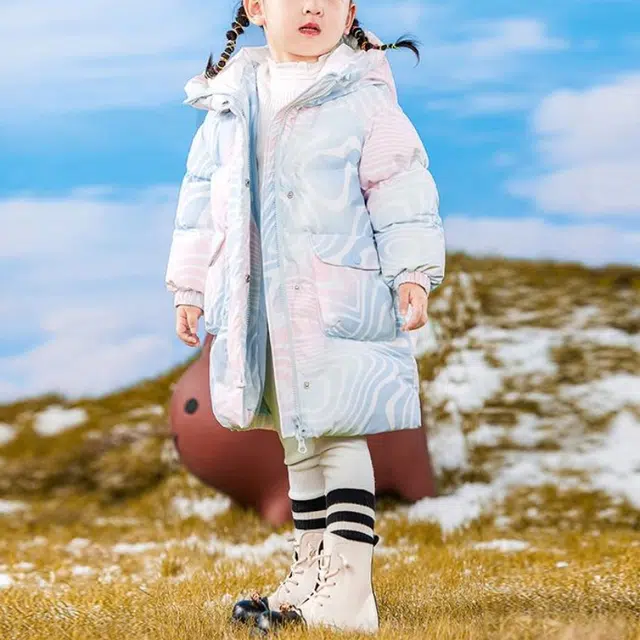 鸭鸭 连帽防寒加厚鸭绒保暖中长款羽绒服 蓝粉色 中小童