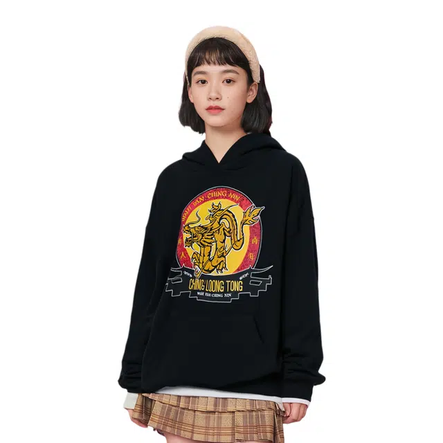 华人青年 青龙堂黄龙连帽卫衣 男女同款 黑色