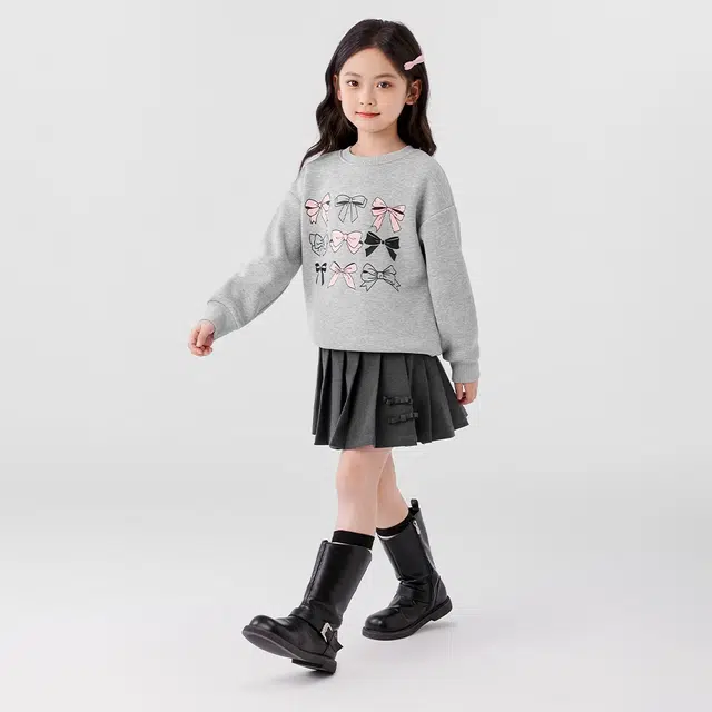 左西 加绒洋气舒适圆领保暖卫衣 浅麻灰 儿童款