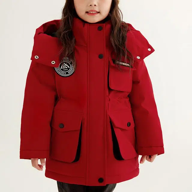 鸭鸭 连帽拉链中长款羽绒服 中小童