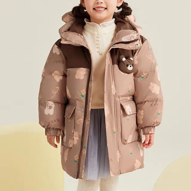 鸭鸭 连帽拉链保暖中长款羽绒服 米棕色调 中小童