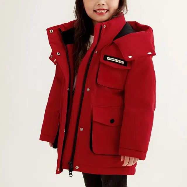 鸭鸭 连帽拉链中长款羽绒服 中小童