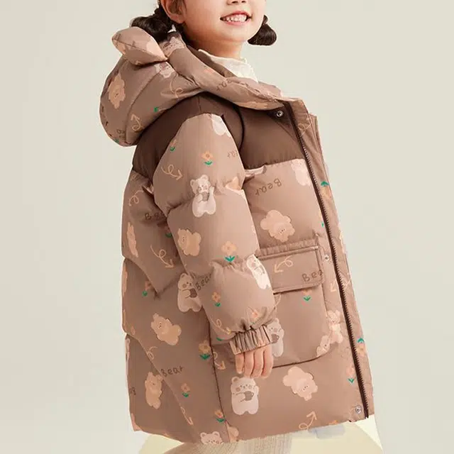 鸭鸭 连帽拉链保暖中长款羽绒服 米棕色调 中小童