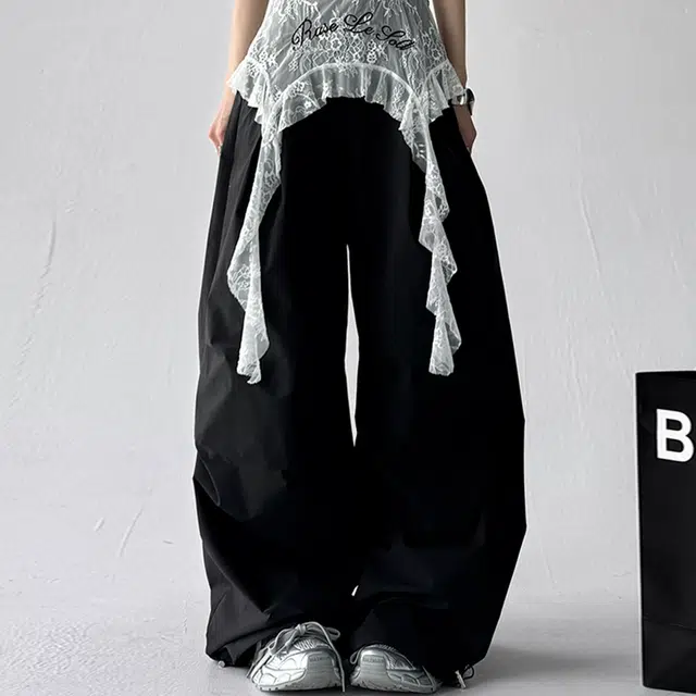悍戈 美式高街蕾丝拼接假两件直筒阔腿拖地工装裤 透气凉感垂坠感强适合日常通勤休闲裤 男女同款