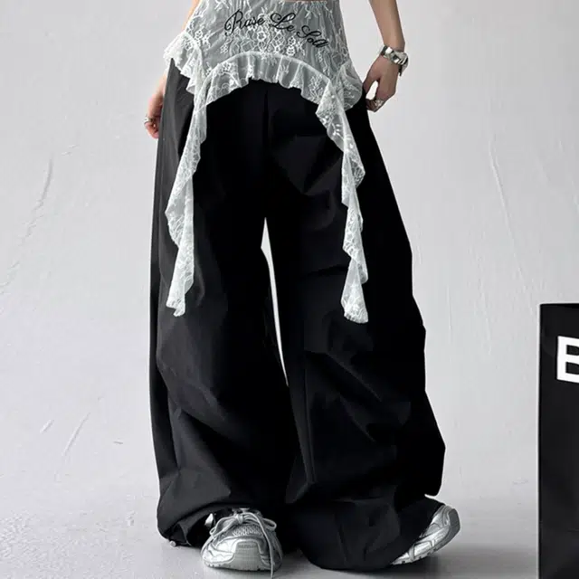 悍戈 美式高街蕾丝拼接假两件直筒阔腿拖地工装裤 透气凉感垂坠感强适合日常通勤休闲裤 男女同款